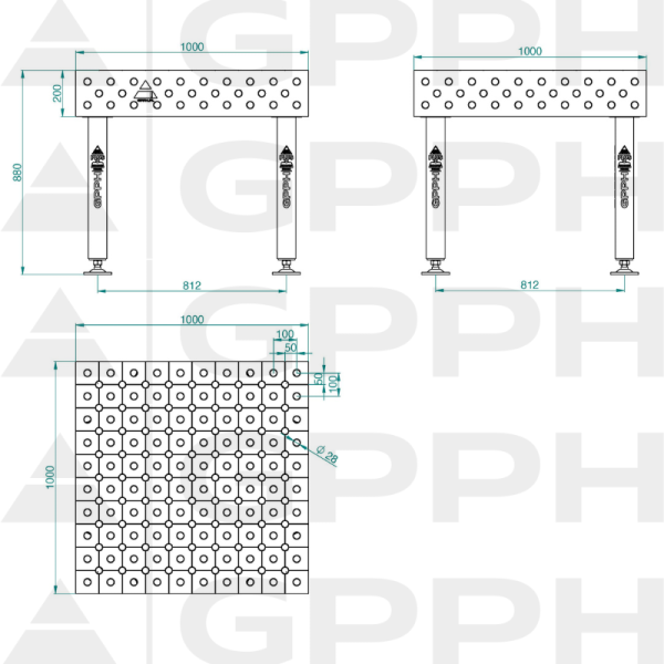 Welding table PLUS Size - 1000x1000mm, Grid - DIAGONAL, System - Φ28, Legs - On feet - technical drawing