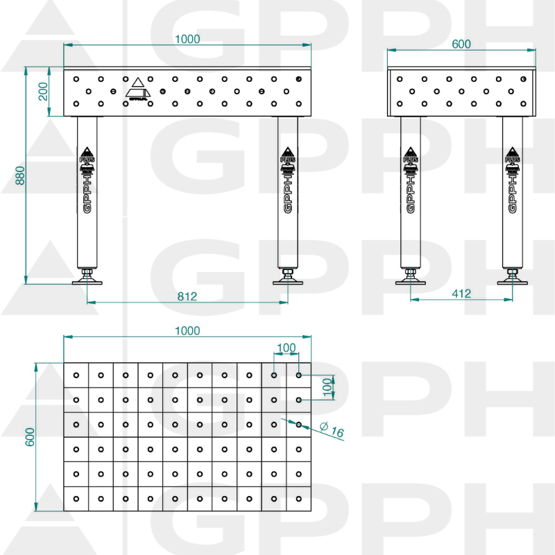 Schweißtisch PLUS Größe - 1000x600mm, Raster - 100x100mm, System - Φ16, Beine - Auf Füßen - technische Zeichnung
