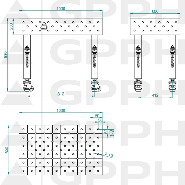 Stół Spawalniczy PLUS Rozmiar - 1000x600mm, Siatka - DIAGONALNA, System - Φ16, Nogi - Na kołach - rysunek techniczny