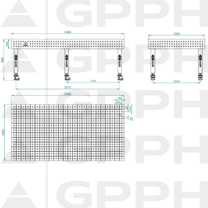 Stół Spawalniczy PLUS Rozmiar - 2400x1200mm, Siatka - 50x50mm, System - Φ16, Nogi - Na kołach - rysunek techniczny