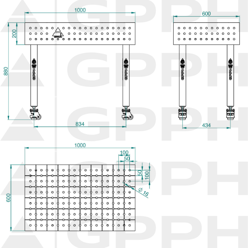 Stół ECO 1000x600 mm fi16 50x50 koła Rysunek techniczny