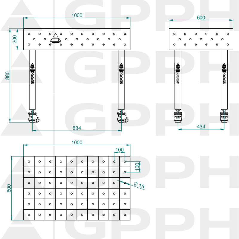 Stół ECO 1000x600 mm fi16 100x100 koła Rysunek techniczny