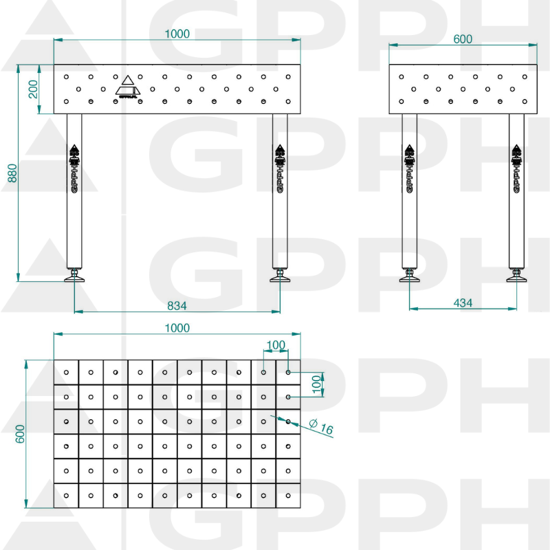 Stół ECO 1000x600 mm fi16 100x100 stopy Rysunek techniczny