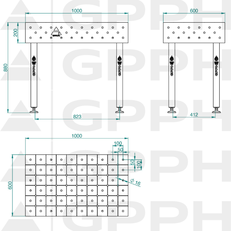 Stół ECO 1000x600 mm fi16 diagonalna stopy Rysunek techniczny