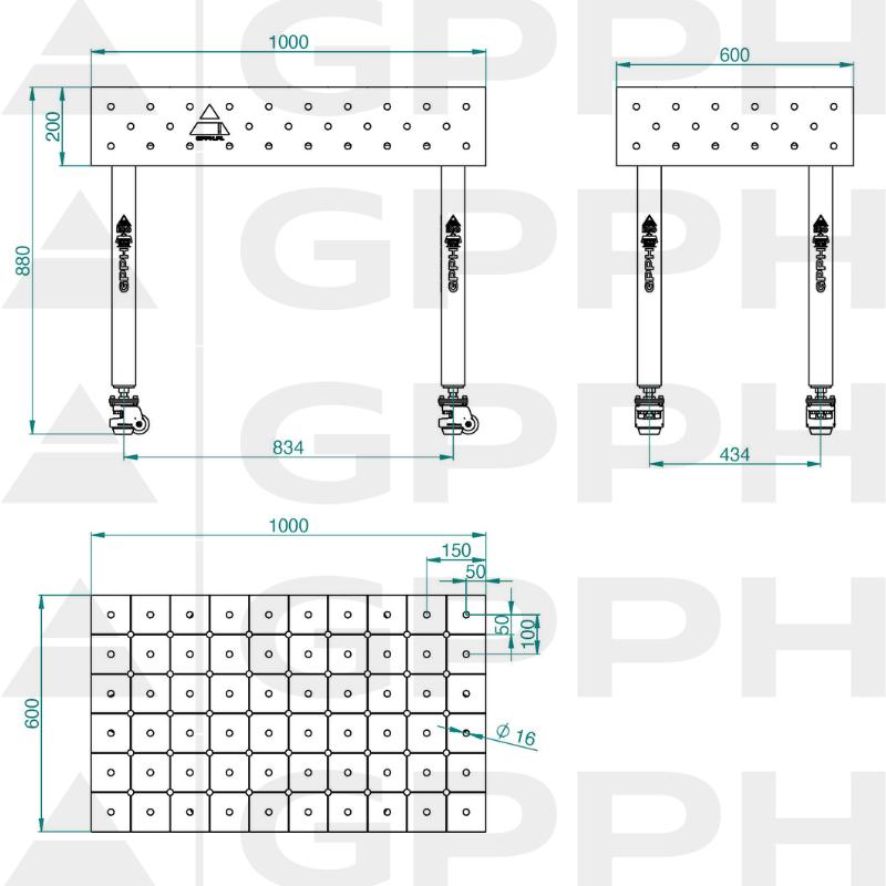 Stół ECO 1000x600 mm fi16 diagonalna koła Rysunek techniczny