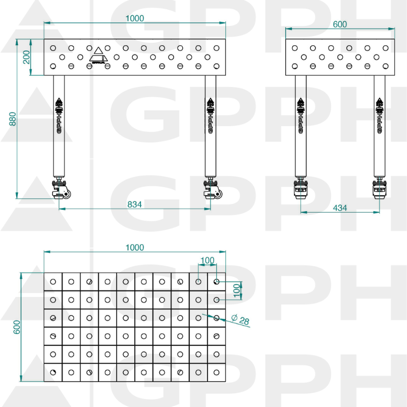 Stół ECO 1000x600 mm fi28 100x100 koła Rysunek techniczny
