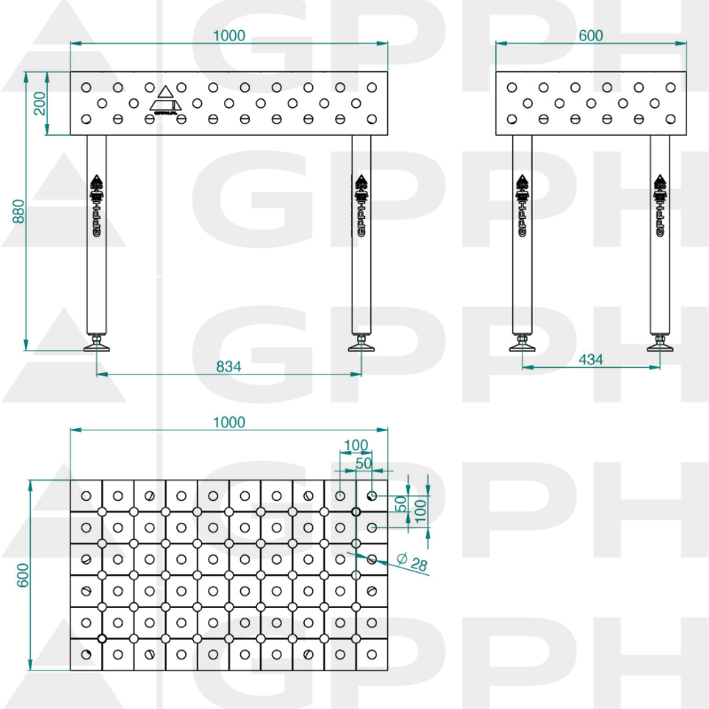 Stół ECO 1000x600 mm fi28 diagonalna stopy Rysunek techniczny