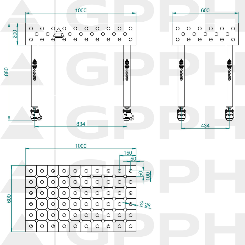 Stół ECO 1000x600 mm fi28 diagonalna koła Rysunek techniczny