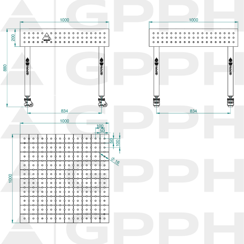 Stół ECO 1000x1000 mm fi16 50x50 koła Rysunek techniczny