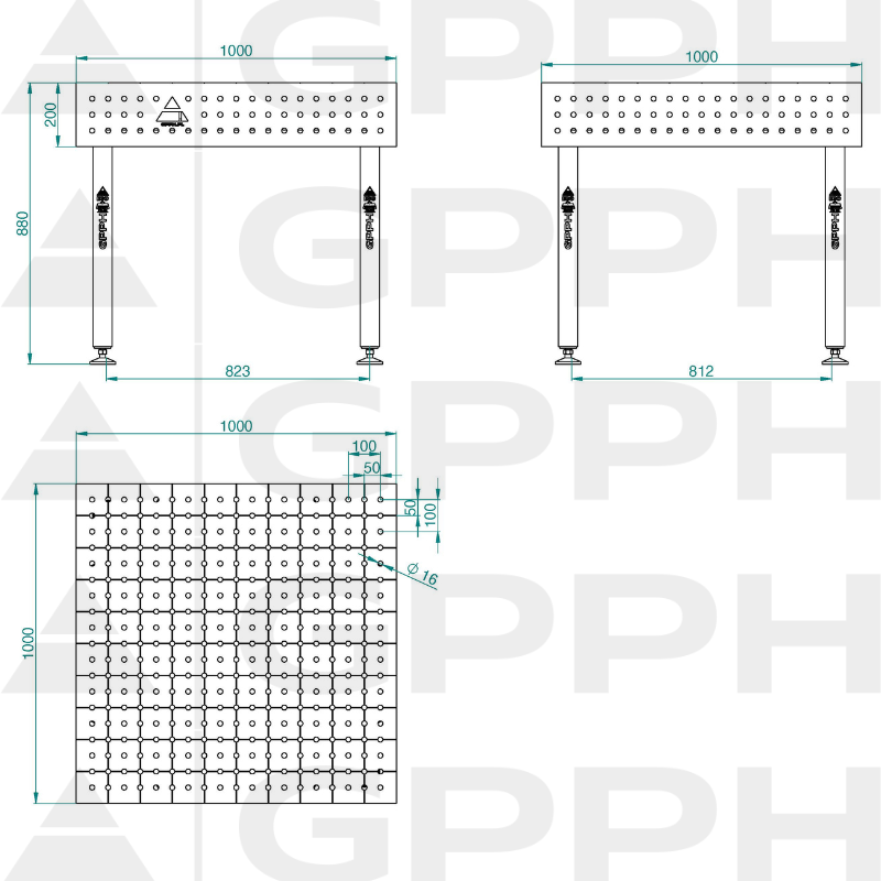 Stół ECO 1000x1000 mm fi16 50x50 stopy Rysunek techniczny