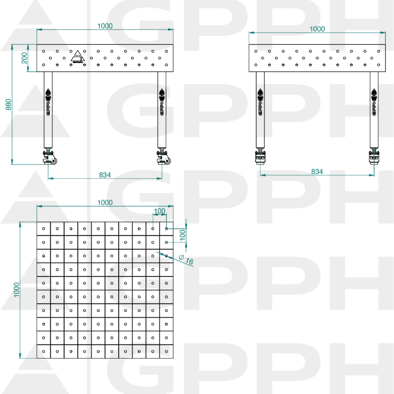 Stół ECO 1000x1000 mm fi16 100x100 koła Rysunek techniczny