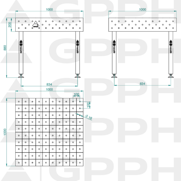 ECO table 1000x1000 mm fi16 100x100 feet Technical drawing