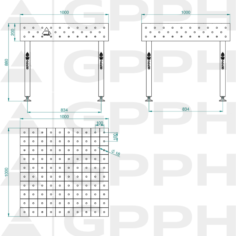 Stół ECO 1000x1000 mm fi16 100x100 stopy Rysunek techniczny