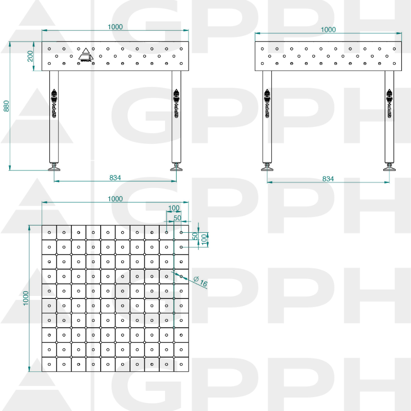 Stół ECO 1000x1000 mm fi16 diagonalna stopy Rysunek techniczny