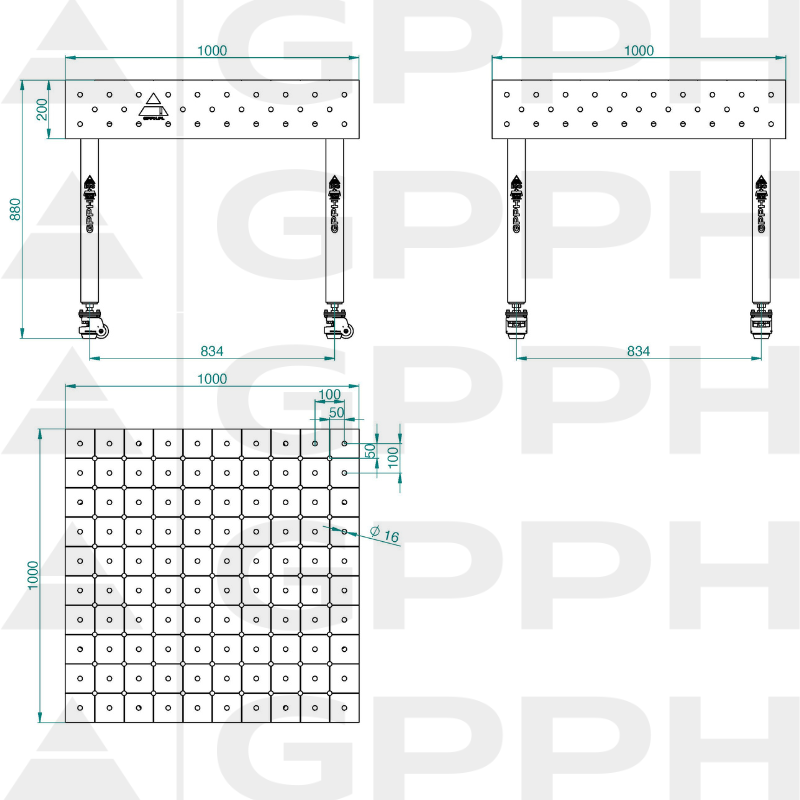 Stół ECO 1000x1000 mm fi16 diagonalna koła Rysunek techniczny