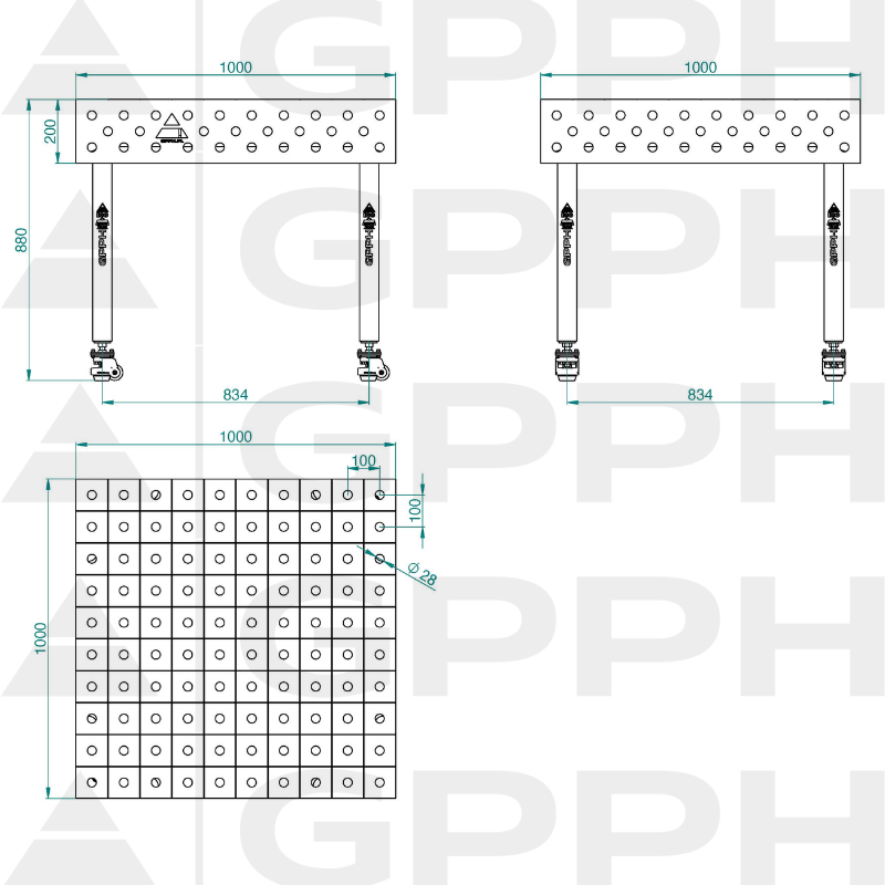 Stół ECO 1000x1000 mm fi28 100x100 koła Rysunek techniczny
