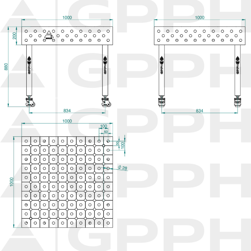 Stół ECO 1000x1000 mm fi28 diagonalna koła Rysunek techniczny