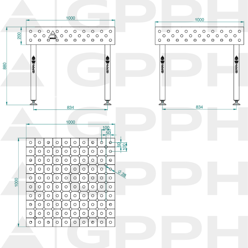 Stół ECO 1000x1000 mm fi28 diagonalna stopy Rysunek techniczny
