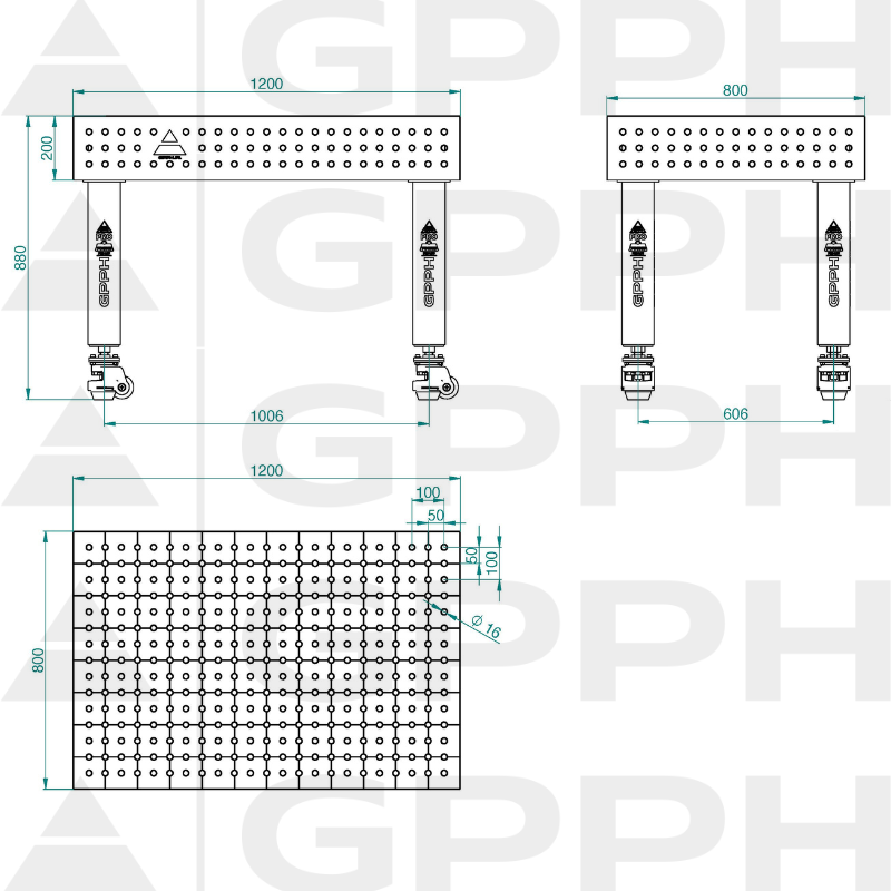 Stół ECO 1200x800 mm fi16 50x50 koła Rysunek techniczny