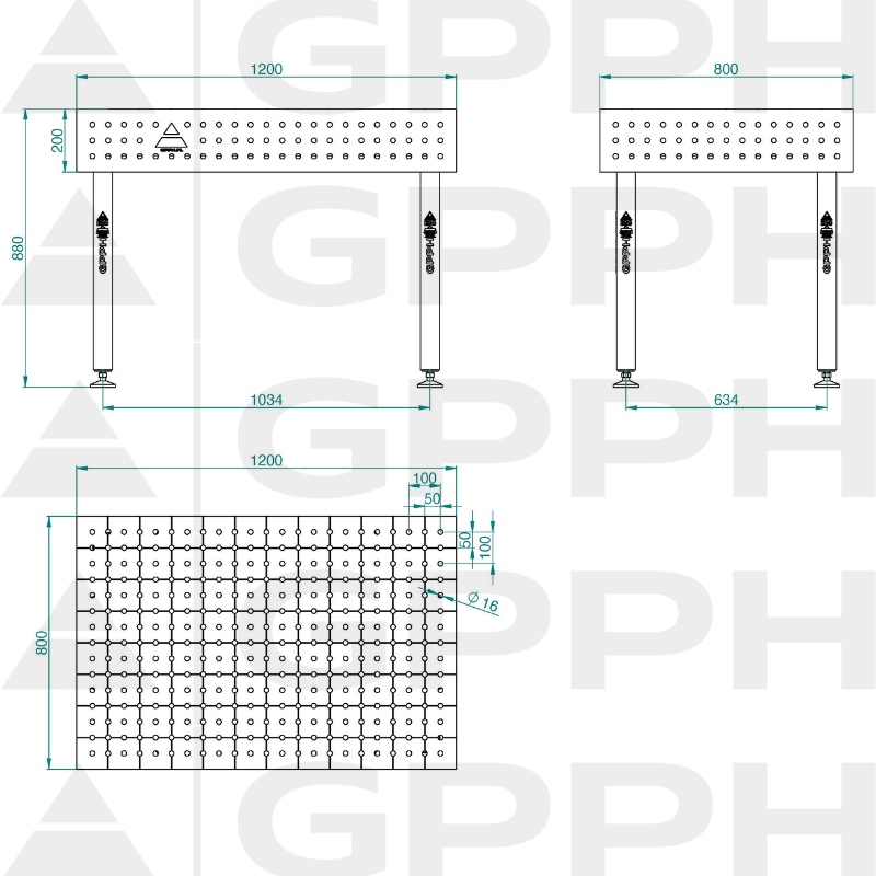 Stół ECO 1200x800 mm fi16 50x50 stopy Rysunek techniczny