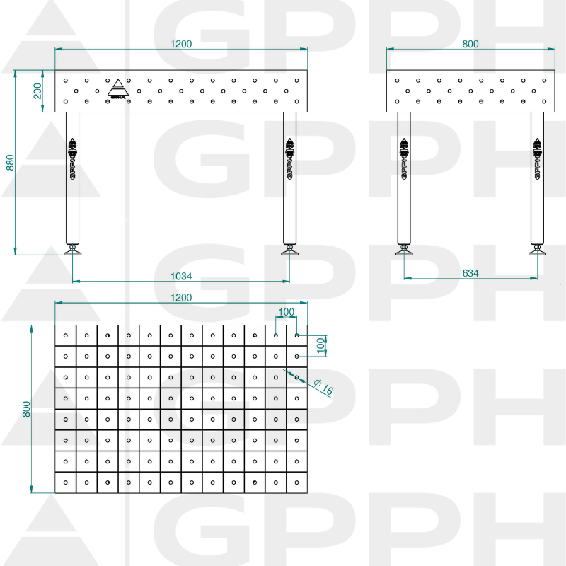 Stół ECO 1200x800 mm fi16 100x100 stopy Rysunek techniczny