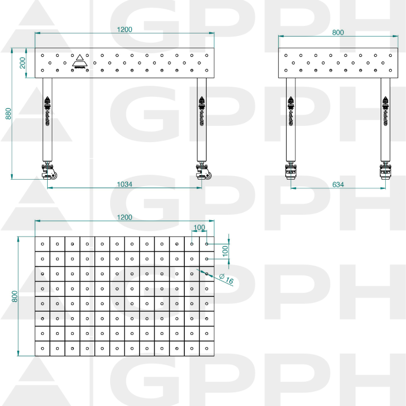 Stół ECO 1200x800 mm fi16 100x100 koła Rysunek techniczny