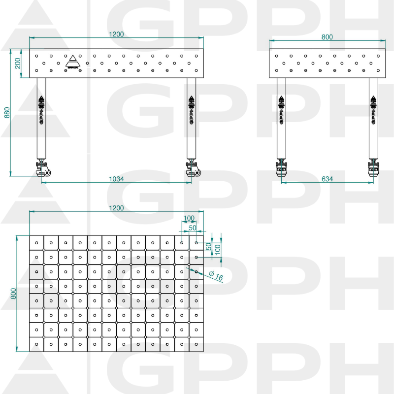 Stół ECO 1200x800 mm fi16 diagonalna koła Rysunek techniczny