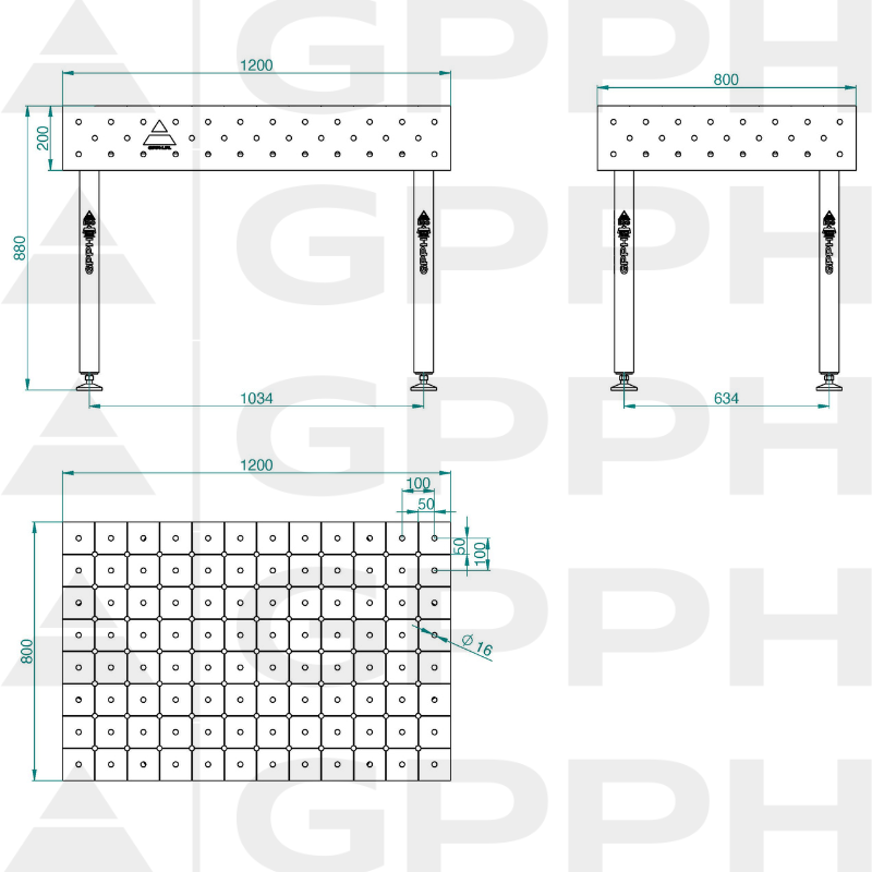 Stół ECO 1200x800 mm fi16 diagonalna stopy Rysunek techniczny