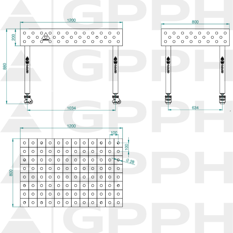Stół ECO 1200x800 mm fi28 100x100 koła Rysunek techniczny
