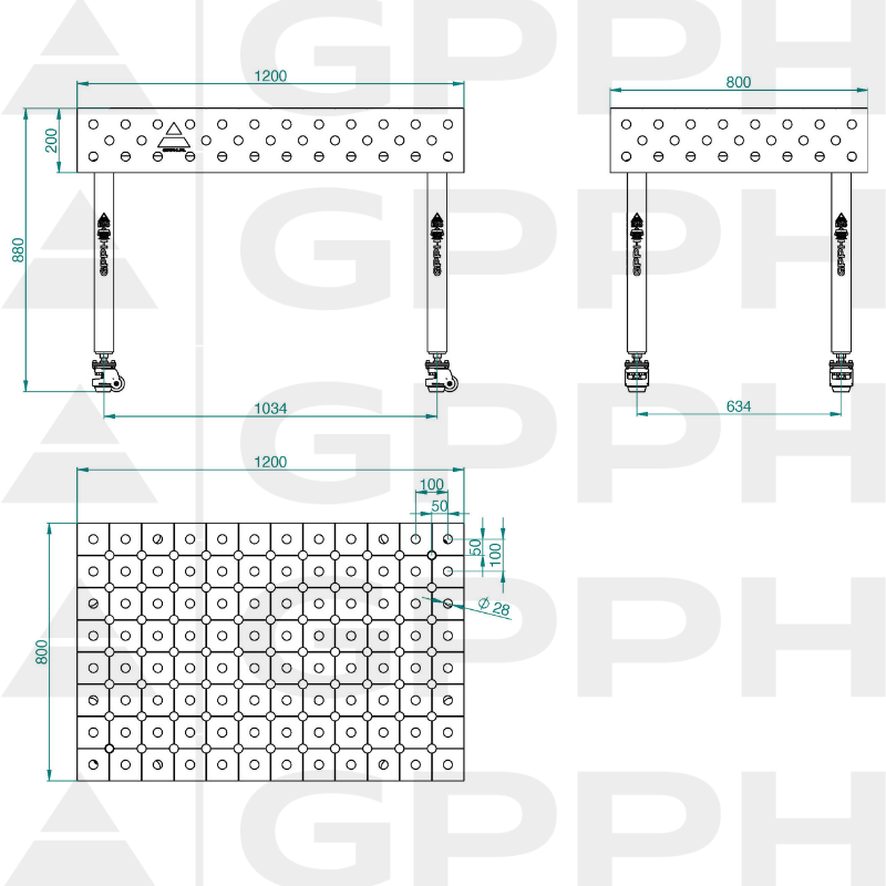 Stół ECO 1200x800 mm fi28 diagonalna koła Rysunek techniczny