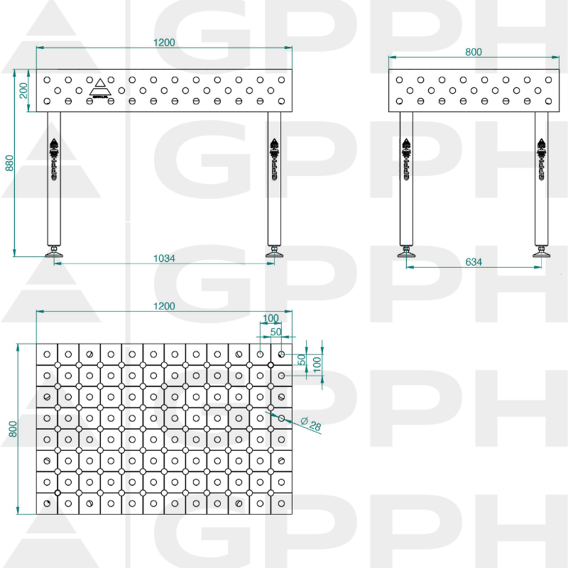 Stół ECO 1200x800 mm fi28 diagonalna stopy Rysunek techniczny