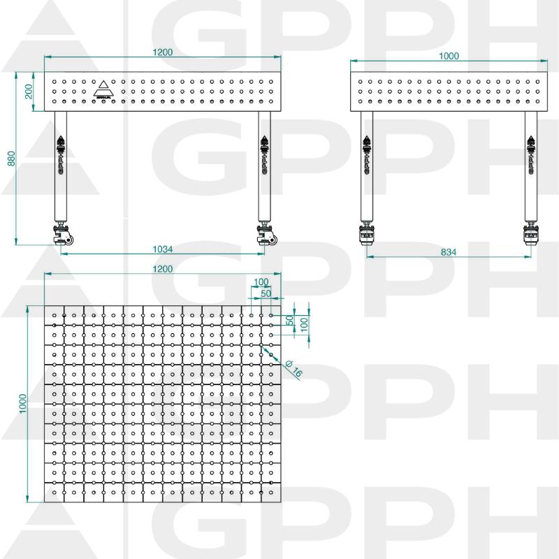 Stół ECO 1200x1000 mm fi16 50x50 koła Rysunek techniczny