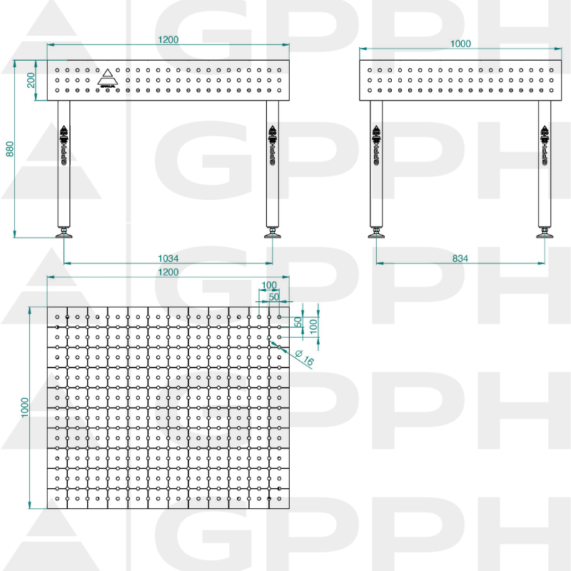 Stół ECO 1200x1000 mm fi16 50x50 stopy Rysunek techniczny