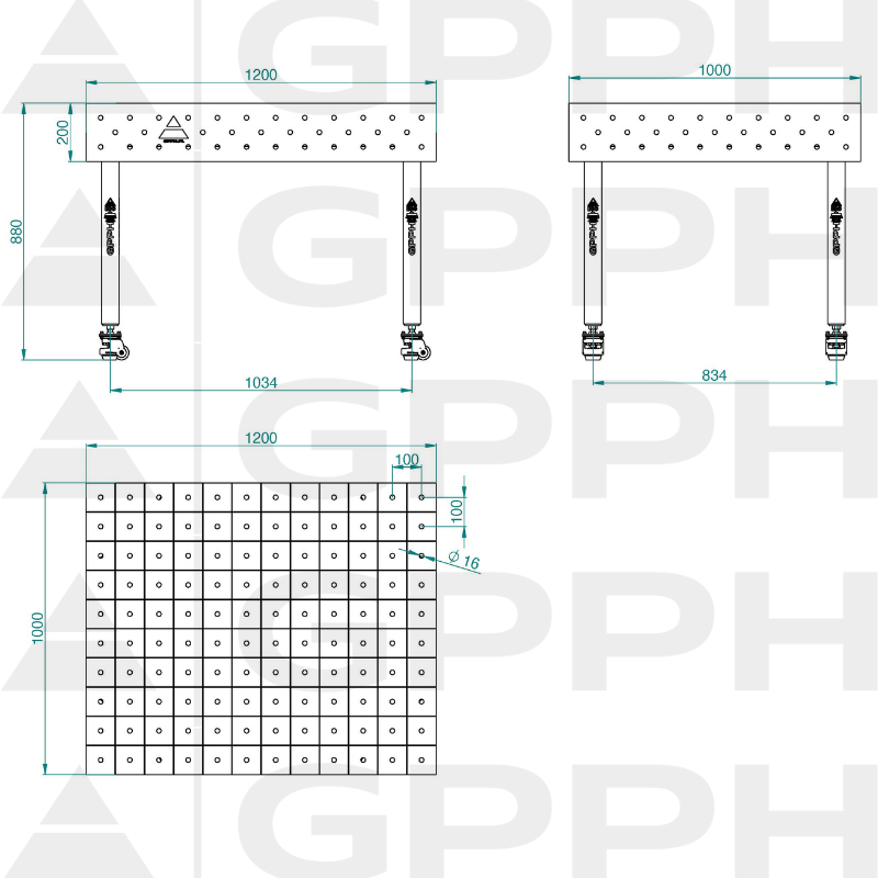Stół ECO 1200x1000 mm fi16 100x100 koła Rysunek techniczny