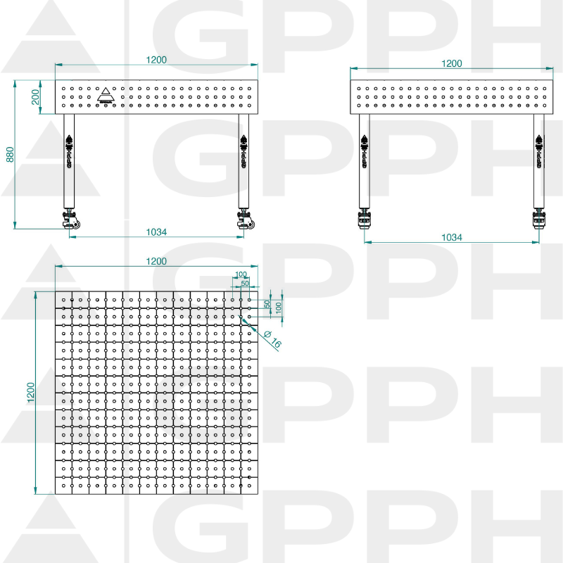 Stół ECO 1200x1200 mm fi16 50x50 koła Rysunek techniczny
