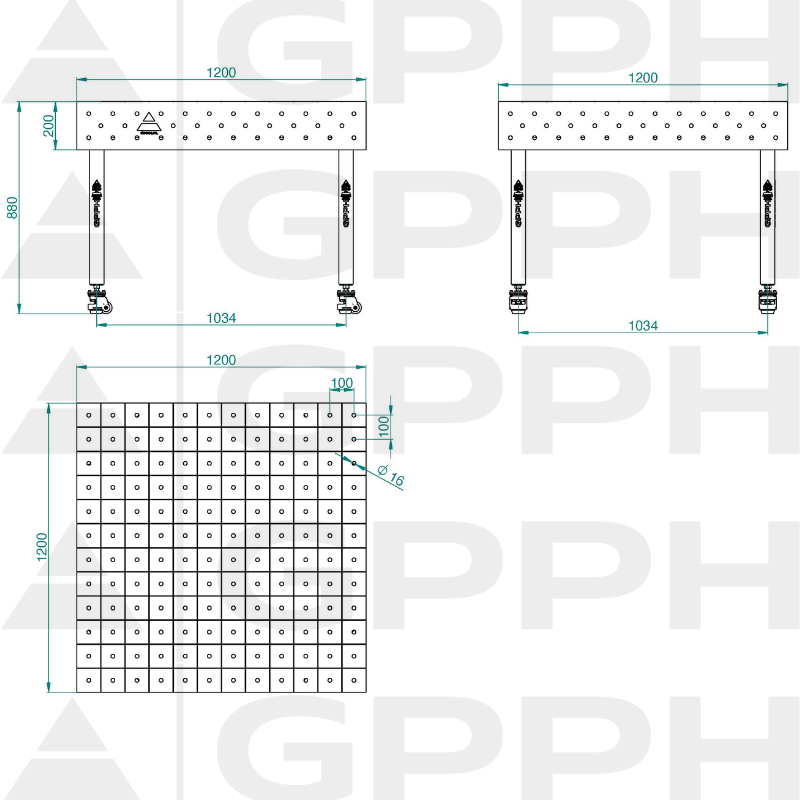 Stół ECO 1200x1200 mm fi16 100x100 koła Rysunek techniczny