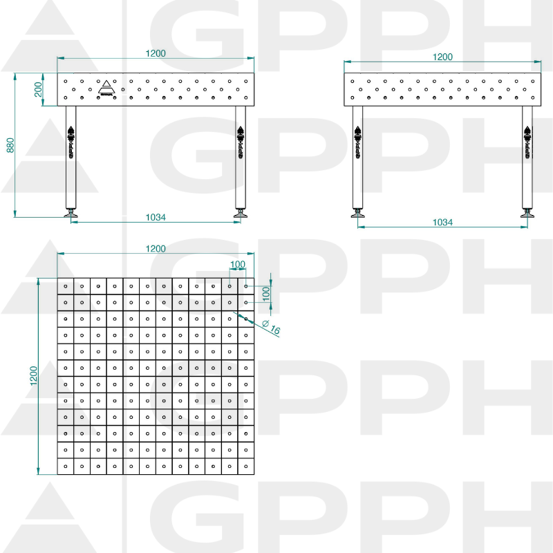 Stół ECO 1200x1200 mm fi16 100x100 stopy Rysunek techniczny
