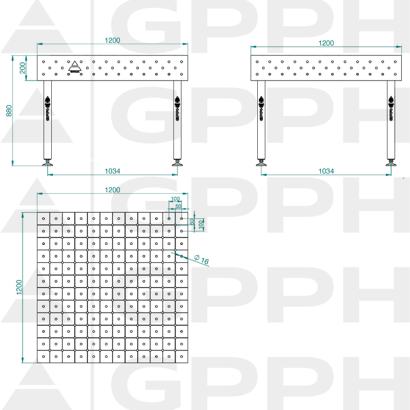 Stół ECO 1200x1200 mm fi16 diagonalna stopy Rysunek techniczny