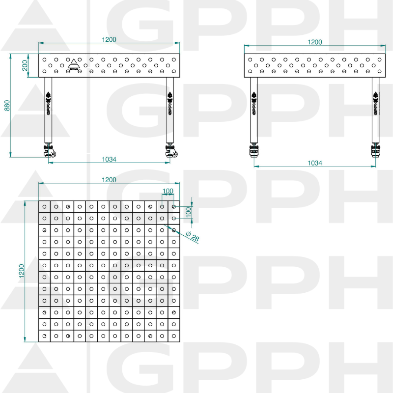 Stół ECO 1200x1200 mm fi28 100x100 koła Rysunek techniczny