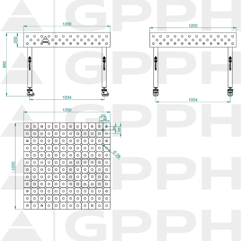 Stół ECO 1200x1200 mm fi28 diagonalna koła Rysunek techniczny