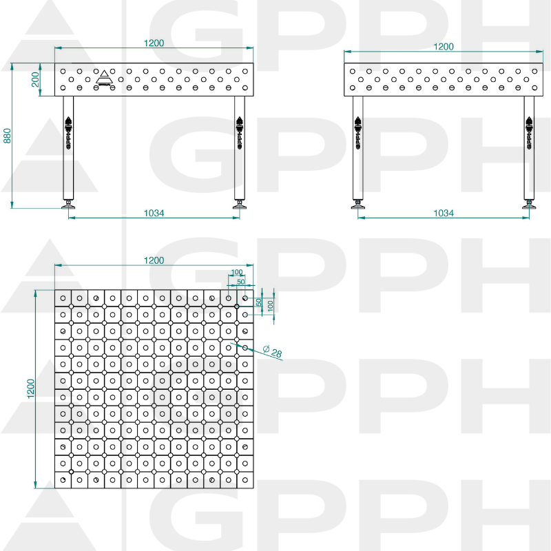 Stół ECO 1200x1200 mm fi28 diagonalna stopy Rysunek techniczny