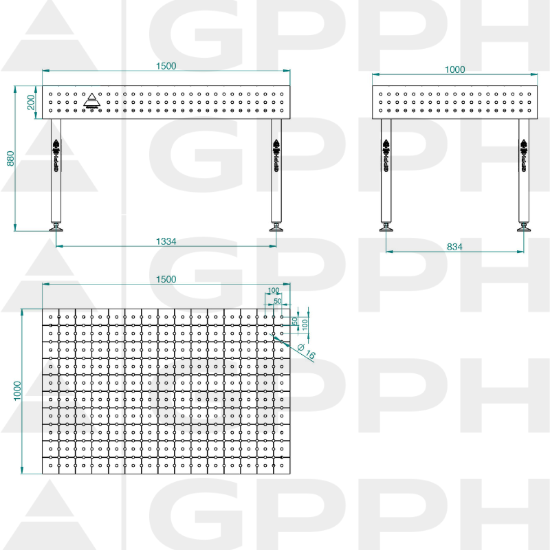 ECO table 1500x1000 mm fi16 50x50 feet Technical drawing