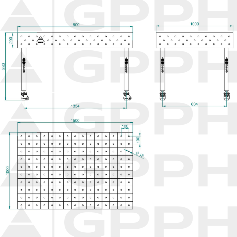 ECO table 1500x1000 mm fi16 100x100 wheels Technical drawing