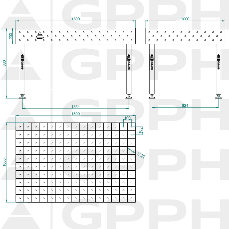 ECO table 1500x1000 mm fi16 100x100 feet Technical drawing