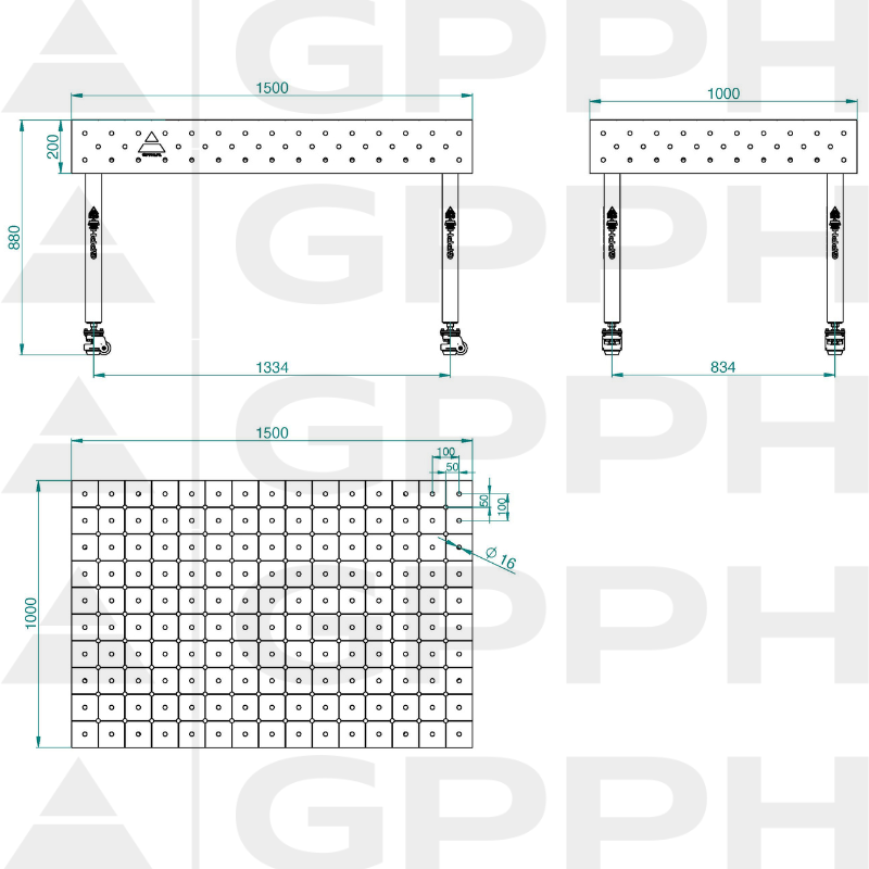 ECO table 1500x1000 mm, fi16 diagonal wheels Technical drawing