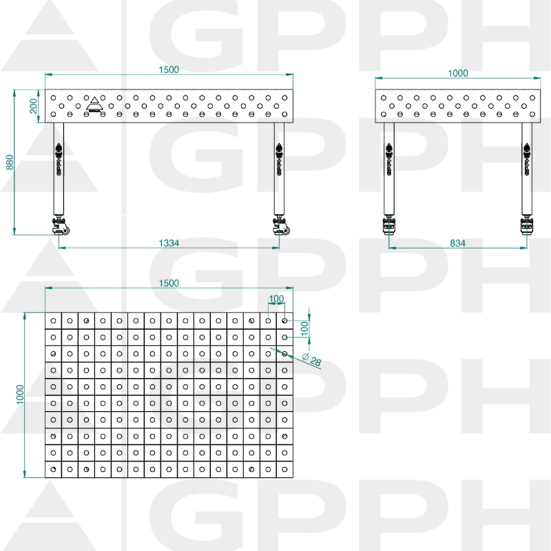 ECO table 1500x1000 mm fi28 100x100 wheels Technical drawing