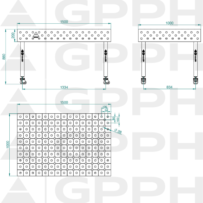 ECO table 1500x1000 mm, fi28 diagonal wheels Technical drawing
