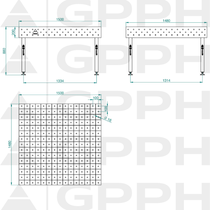 Stół ECO 1500x1480 mm fi16 100x100 stopy Rysunek techniczny