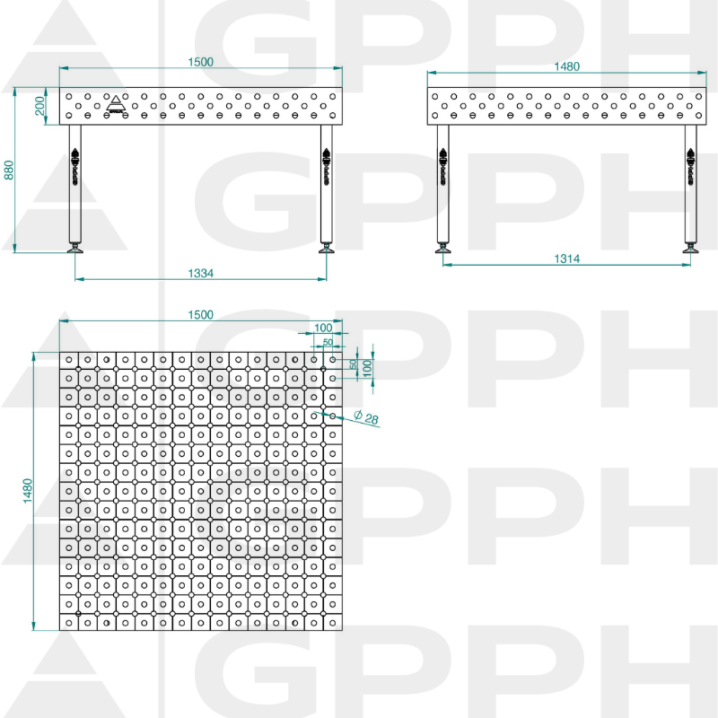 Stół ECO 1500x1480 mm fi28 diagonalna stopy Rysunek techniczny