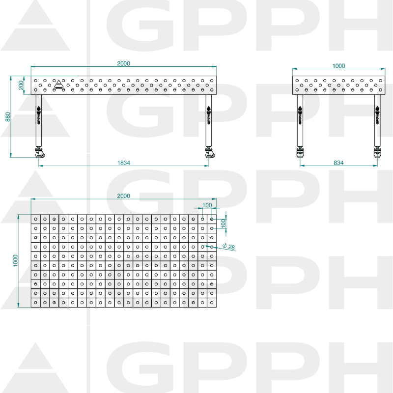 Stół ECO 2000x1000 mm fi28 100x100 koła Rysunek techniczny